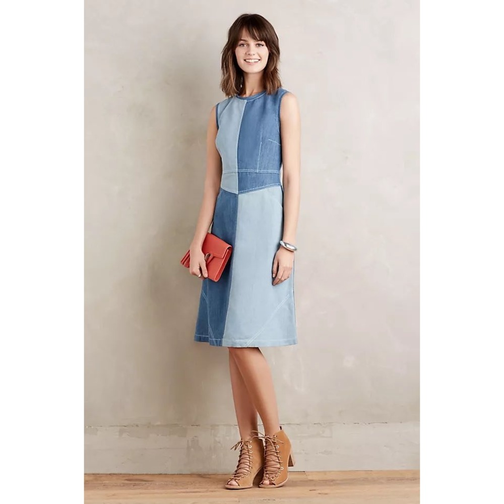 Holding Horses Anthropologie Patchwork Pieced Denim Linen Blend Dress Blue 6